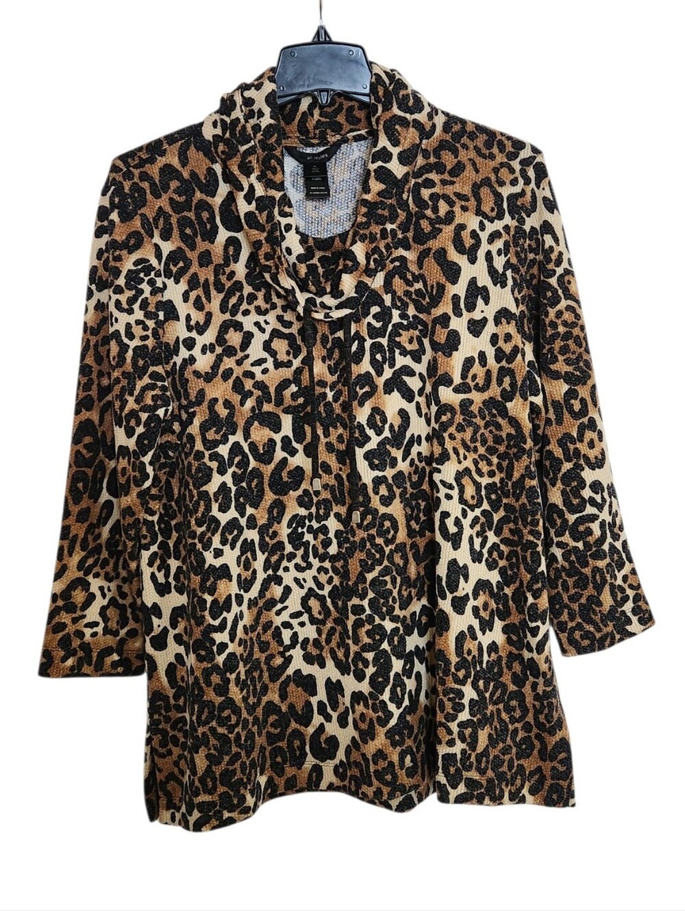 Ali Miles XL Leopard Print Textured Knit Drawstring Cowl Neck Pullover Sweater